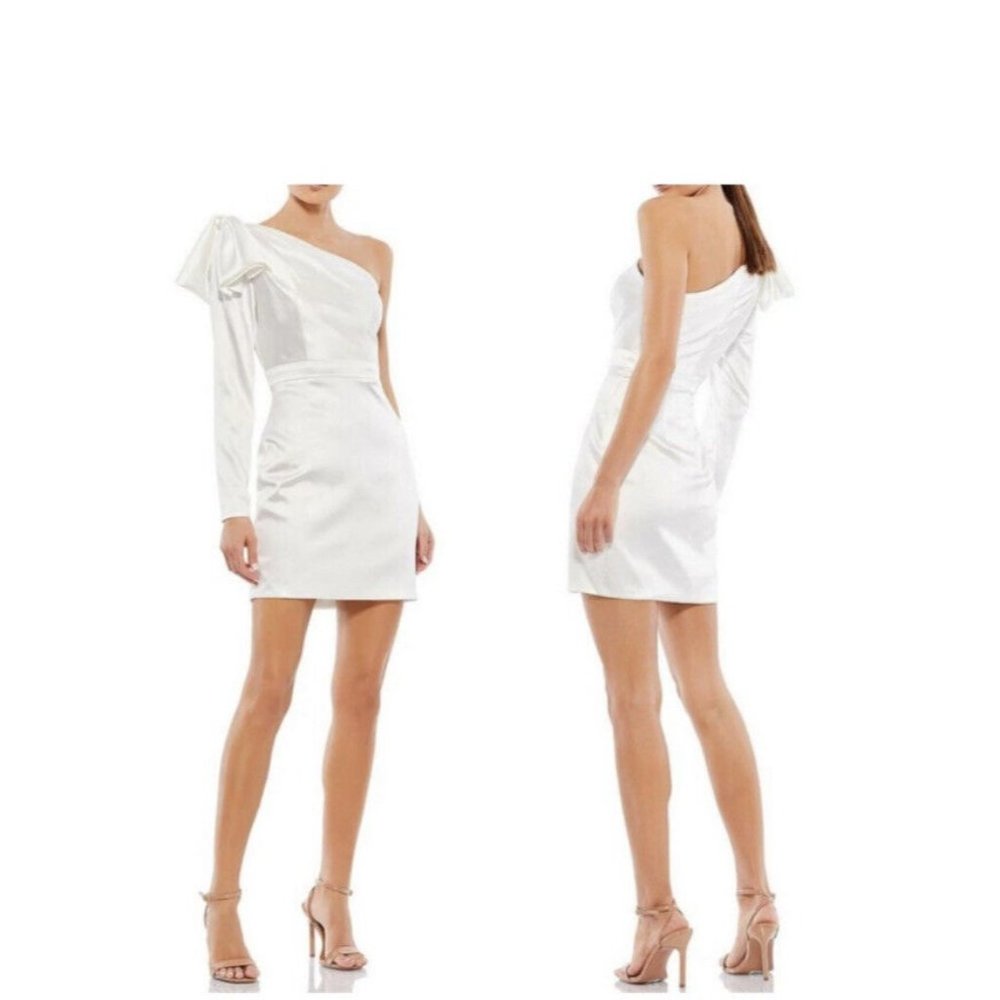 NWT IEENA For MAC DUGGAL Bow One Shoulder Cocktail  Formal Mini Dress White $278